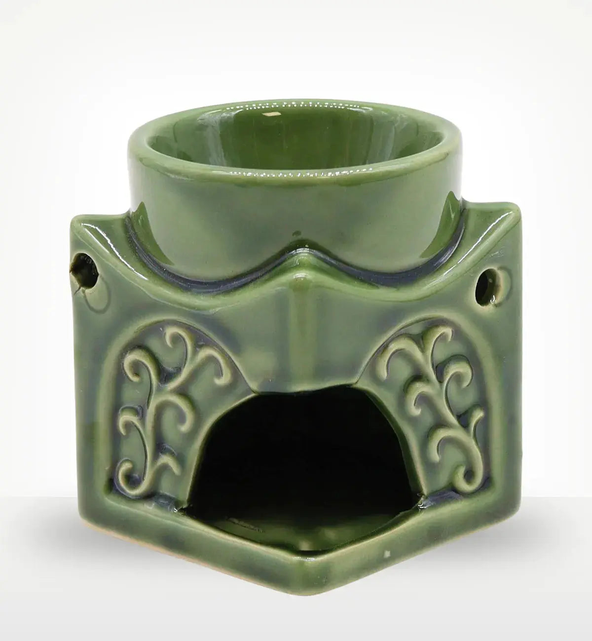 Square Buddha Burner - Dark Jade ceramic oil burner with intricate carved details, featuring a deep green jade glaze and a hollow center for incense or essential oil heating.