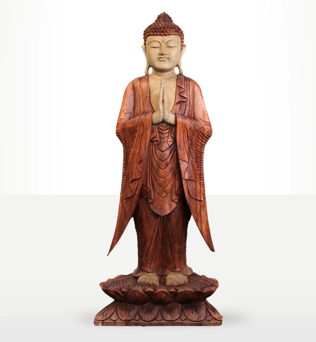 Buddha Statue Standing - 1m Welcome featuring a hand-carved wooden finish with intricate details, depicting a serene Buddha figure with hands in prayer, standing on a lotus base.