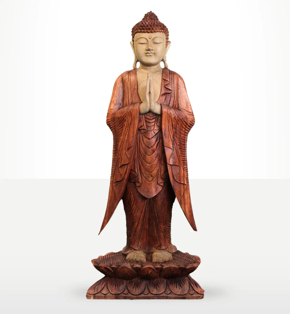 Buddha Statue Standing - 1m Welcome featuring a hand-carved wooden finish with intricate details, depicting a serene Buddha figure with hands in prayer, standing on a lotus base.