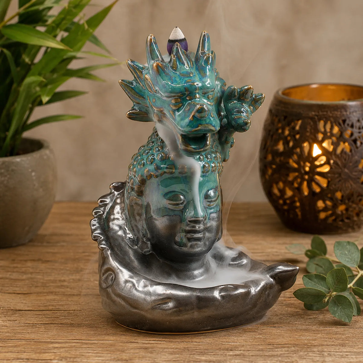 Backflow Incense Burner - Dragon Over Buddha - Glazed Ceramic 409g
