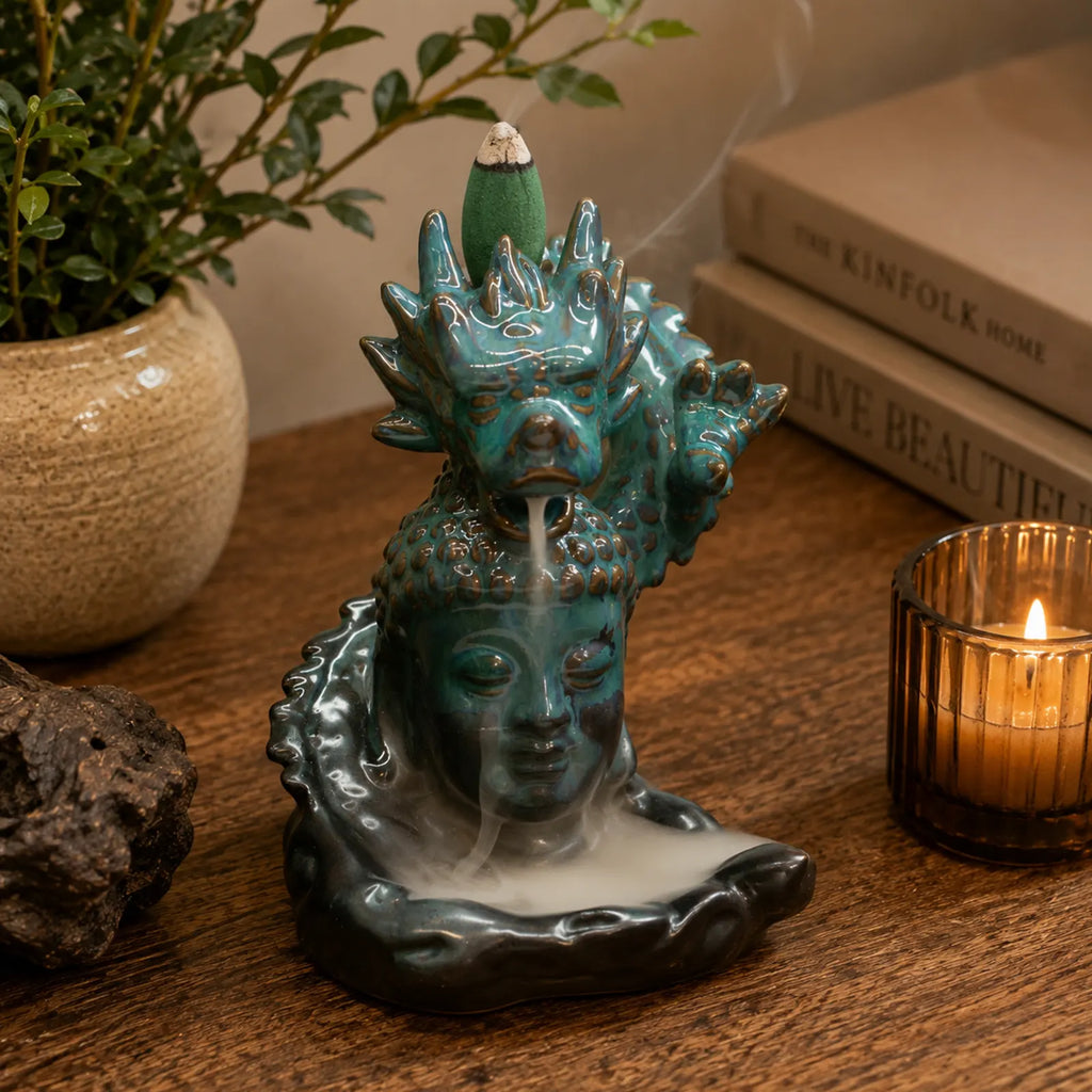 Backflow Incense Burner - Dragon Over Buddha - Glazed Ceramic 409g
