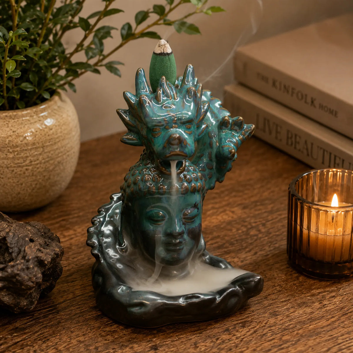 Backflow Incense Burner - Dragon Over Buddha - Glazed Ceramic 409g