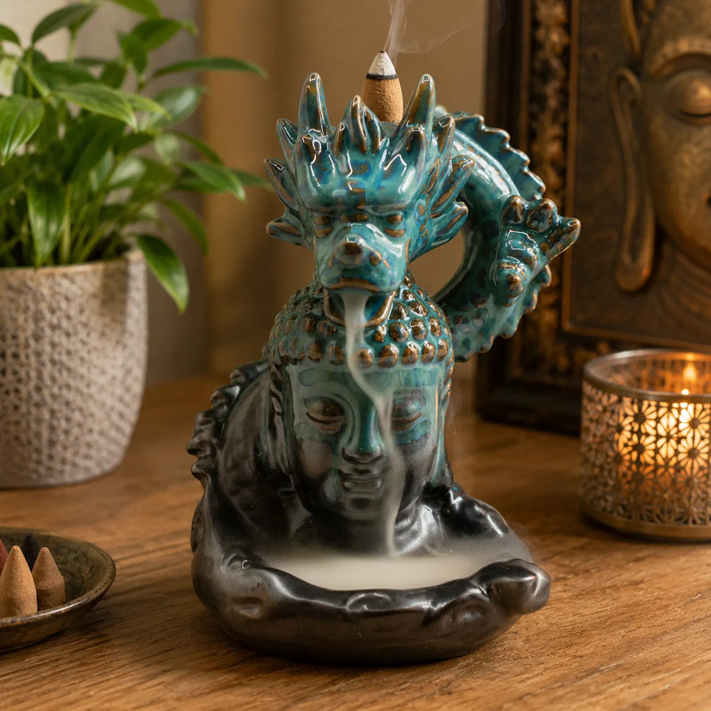 Backflow Incense Burner - Dragon Over Buddha - Glazed Ceramic 409g