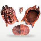 A carved wooden Buddha head sculpture shown in multiple views on a plain light background, including a front-facing head, an open bowl-like interior, a top-down view, and a small detached piece.