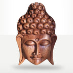 A carved wooden Buddha head wall sculpture with detailed curls in the hair, closed eyes, and a serene expression, shown against a light gray background.