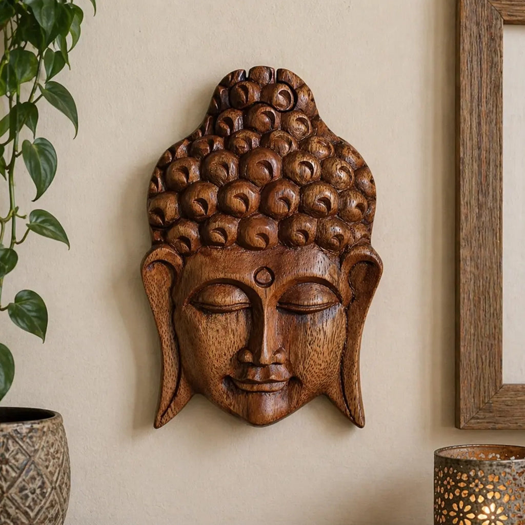 A carved wooden Buddha head wall sculpture in a warm medium brown tone, mounted on a beige wall. A green houseplant is visible on the left, and the corner of a wooden picture frame and a decorative lamp are visible on the right.