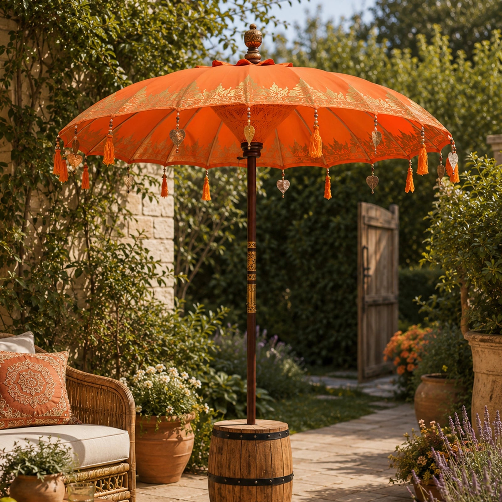 decorative outdoor patio umbrellas SAFAVIEH - Milan 9-Foot Double-Top Umbrella - Navy & White Canopy - Brown Aluminum Pole - Fringe Trim Vented Design x8 Struts Patio Umbrellas RSH Decor