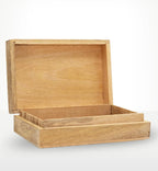 Big Rectangle Box 21.5x14x6.3cm - Buddha Face Whitewash wooden storage box with a natural finish and an open lid showing its spacious interior.