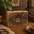 Big Rectangle Box 21.5x14x6.3cm - Buddha Face Black Engraved wooden storage box with intricate Buddha face and mandala design, perfect for Buddha decor and spiritual spaces.