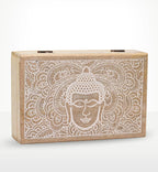 Big Rectangle Box 21.5x14x6.3cm - Buddha Face Whitewash features a carved wooden design with a serene Buddha face and intricate mandala patterns in whitewash finish.