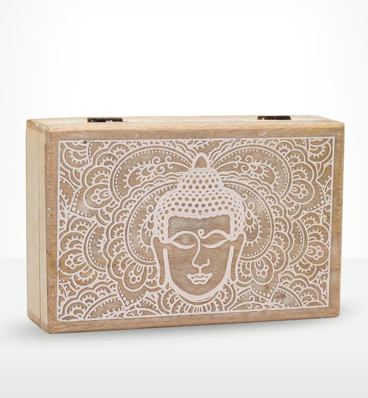 Big Rectangle Box 21.5x14x6.3cm - Buddha Face Whitewash features a hand-carved Buddha face design with intricate whitewash detailing on a natural wood rectangular box, combining functional storage with Buddha decor.
