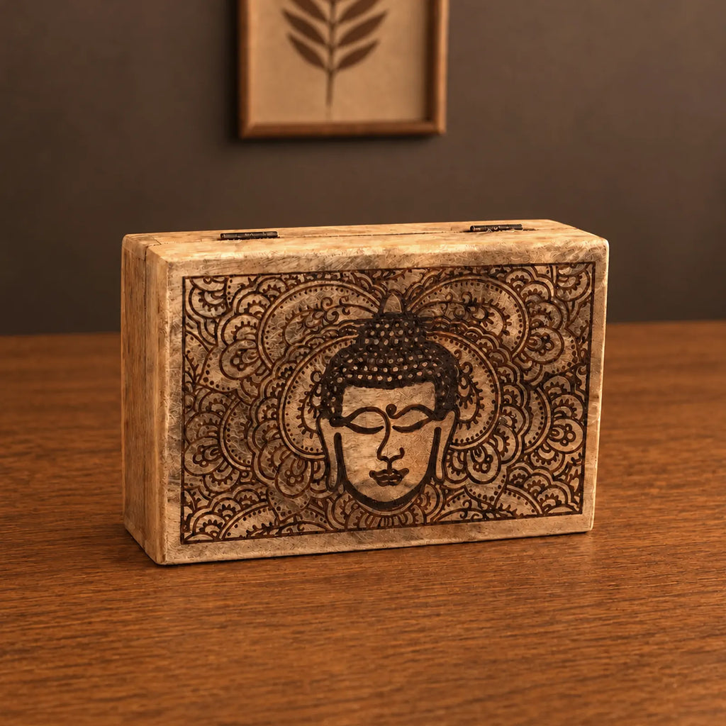 Big Rectangle Wooden Buddha Box 21.5x14x6.3cm - Buddha Face Black Engraved