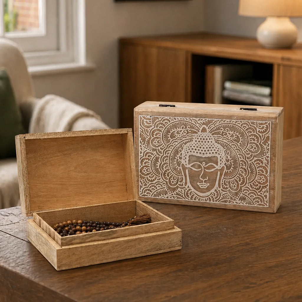 Big Rectangle Wooden Buddha Box 21.5x14x6.3cm - Buddha Face Whitewash
