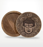 Big Round Box 17.5x7.5cm - Buddha Face Black Engraved wooden storage container featuring a detailed engraved Buddha face design on the lid, ideal for Buddha decor and meditation spaces.