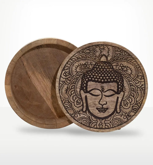 Big Round Box 17.5x7.5cm - Buddha Face Black Engraved wooden storage container featuring a detailed engraved Buddha face design on the lid, ideal for Buddha decor and meditation spaces.