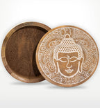 Big Round Box 17.5x7.5cm - Buddha Face Whitewash featuring a wooden round container with a detailed whitewashed Buddha face design on the lid, perfect for Buddha decor.