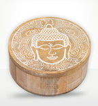 Big Round Box 17.5x7.5cm - Buddha Face Whitewash featuring a hand-carved wooden container with a whitewashed Buddha face design and intricate mandala patterns for decorative Buddha decor.