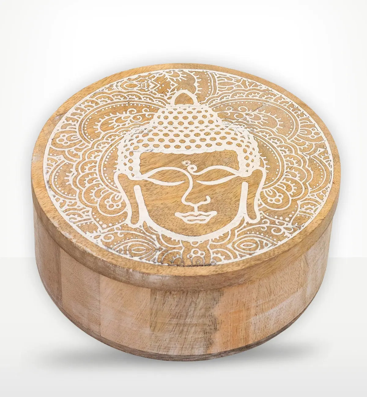Big Round Box 17.5x7.5cm - Buddha Face Whitewash featuring a hand-carved Buddha head design in whitewash on natural wood, ideal for Buddha decor and spiritual storage.