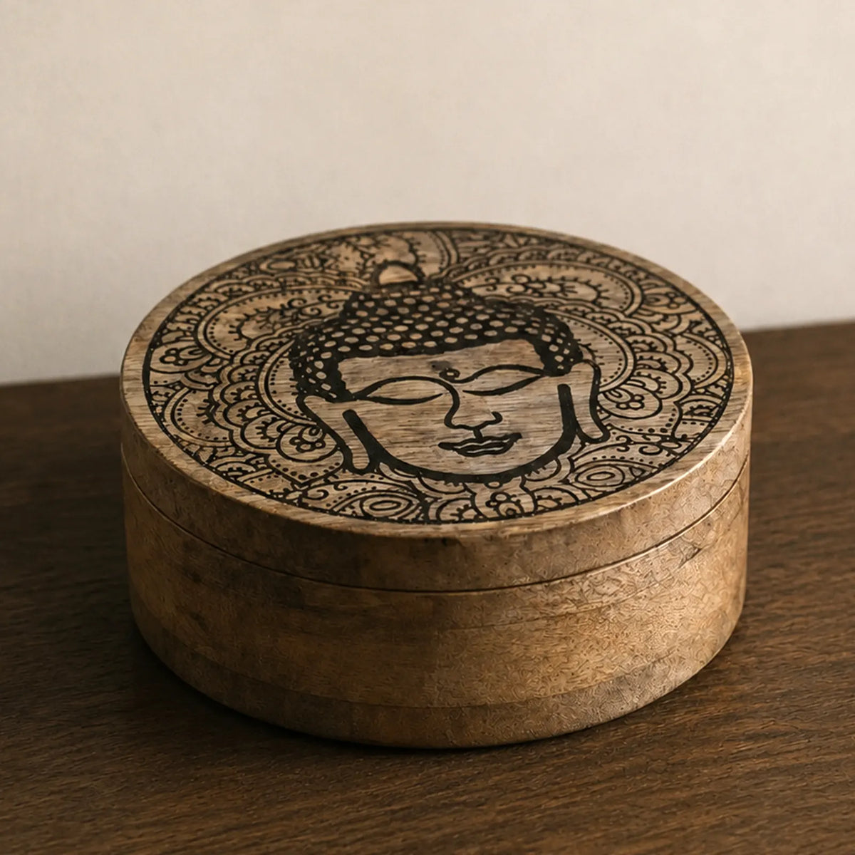 Big Round Wooden Buddha Box 17.5x7.5cm - Buddha Face Black Engraved