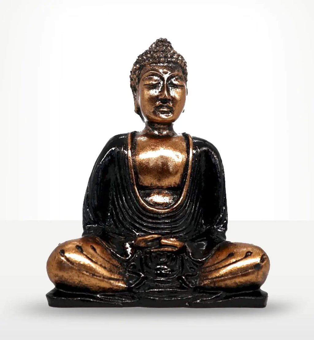 Black & Gold Buddha - Medium seated statue in a meditative pose, featuring hand-carved resin with an elegant black and gold finish, ideal for Buddha decor.