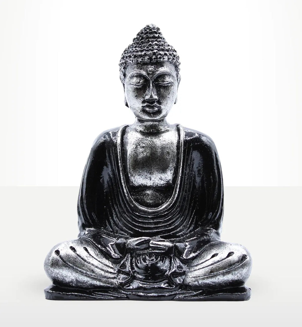 Black & Grey Buddha - Medium statue in a serene seated meditation pose, featuring detailed hand-carved resin design with a smooth black and grey finish, ideal for Buddha decor.