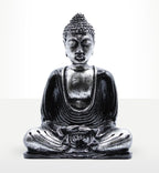Black & Grey Buddha - Medium resin statue depicting a serene seated Buddha in a meditative pose with detailed craftsmanship in black and grey tones.