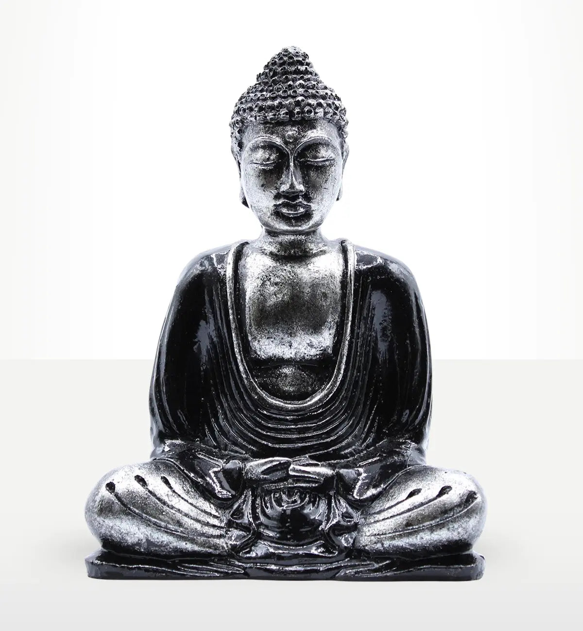 Black & Grey Buddha - Medium statue in a serene seated meditation pose, featuring detailed hand-carved resin design with a smooth black and grey finish, ideal for Buddha decor.