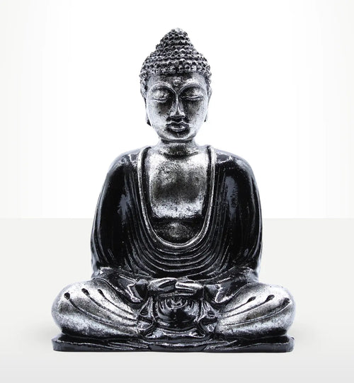 Black & Grey Buddha - Medium resin statue depicting a serene seated Buddha in a meditative pose with detailed craftsmanship in black and grey tones.