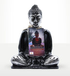 Black & Grey Buddha - Medium hand painted resin Buddha statue in a meditative seated pose with detailed textured hair and serene facial expression.
