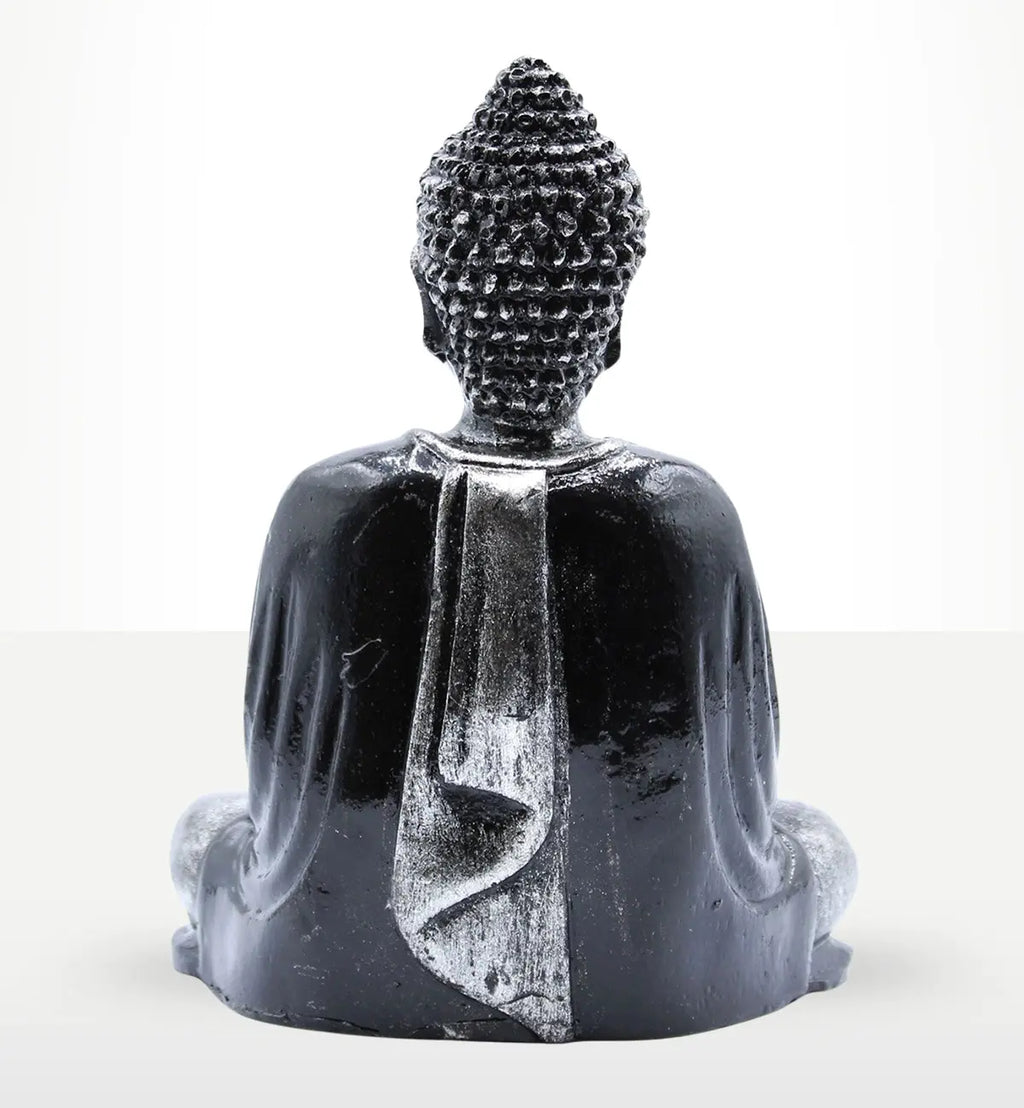 Black & Grey Buddha - Medium viewed from the back, showcasing a hand-carved resin Buddha statue with detailed textured hair and flowing robes, finished in black and grey.