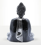 Black & Grey Buddha - Medium showing the back view of a hand-carved resin Buddha statue with textured hair and a flowing robe in contrasting black and grey tones.
