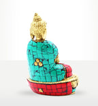 Brass Buddha Figure - Amitabha - 9.5 cm featuring intricate brass head and hands with turquoise and red mosaic-style inlay on the robe, a unique brass Buddha decor piece.