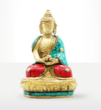 Brass Buddha Figure - Amitabha - 9.5 cm featuring intricate detailing with turquoise and red inlay on a decorative base, ideal for Buddha decor and meditation spaces.