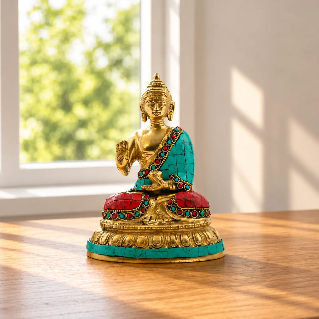 A small gold-toned Buddha statue seated on a lotus base, decorated with turquoise and red inlay details, placed on a wooden table in front of a softly blurred window.