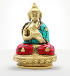 Brass Buddha Figure - Blessing - 7.5cm seated in a meditative pose with intricate turquoise and red mosaic detailing on the robe, resting on a decorative pedestal.