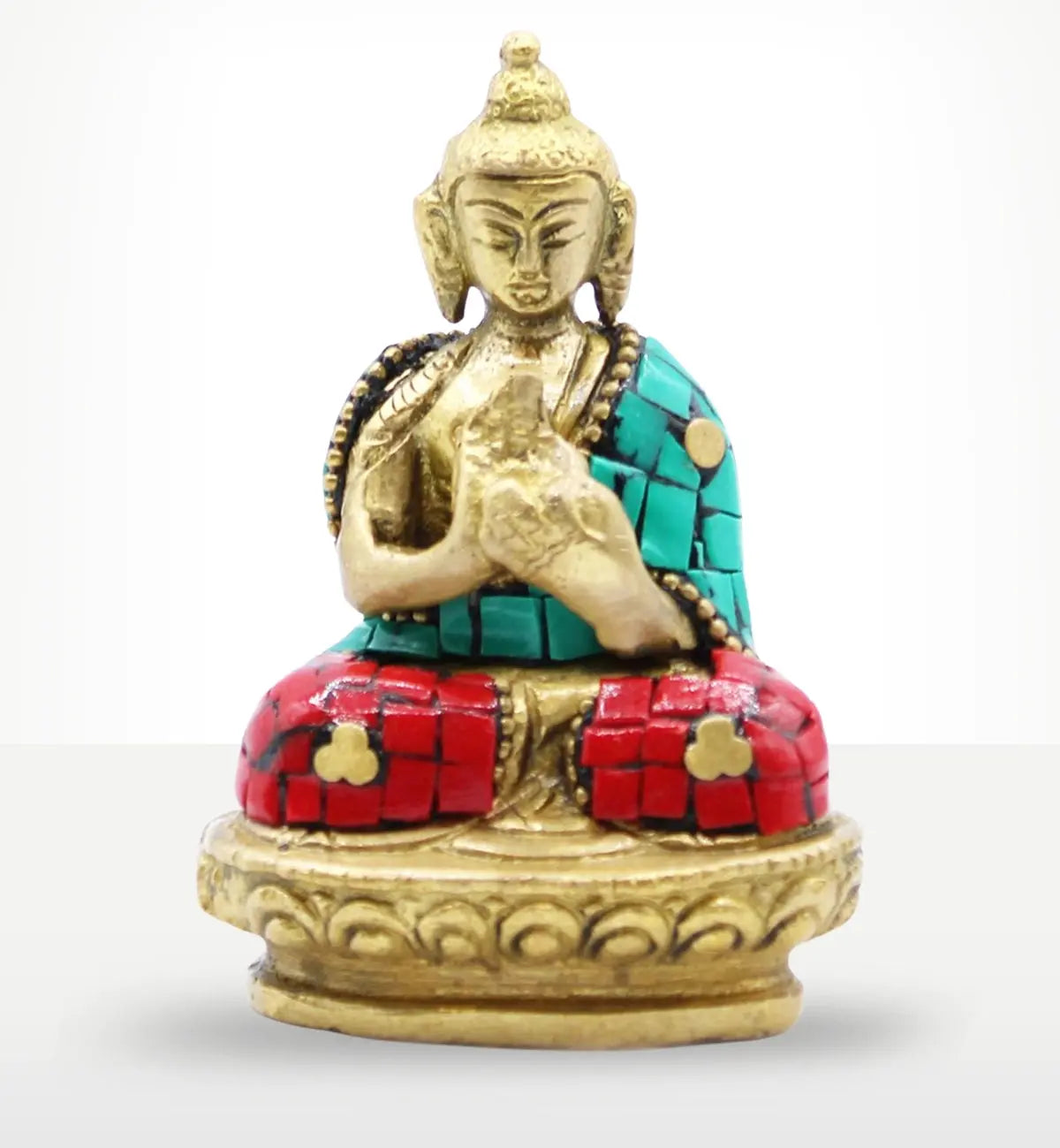 Brass Buddha Figure - Blessing - 7.5cm sitting in meditation posture with red and turquoise decorative inlays, hand-crafted brass Buddha figure perfect for spiritual decor.