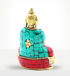 Brass Buddha Figure - Blessing - 7.5cm showing the back view with turquoise and red mosaic inlay, highlighting intricate detailing and traditional craftsmanship.