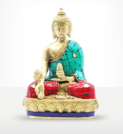 Brass Buddha Figure - Hands Down - 11.5 cm seated with a calm expression, adorned with turquoise and red inlaid detailing, showcasing intricate brass craftsmanship and Buddha decor.