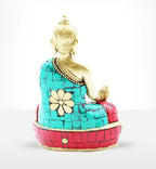 Brass Buddha Figure - Hands Down - 11.5 cm showing the back view with turquoise and red decorative mosaic patterns, highlighting intricate craftsmanship on this brass Buddha figure.