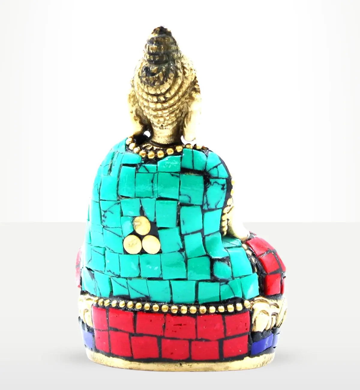 Back view of a Brass Buddha Figure - Hands Up - 7.5 cm featuring turquoise, red, and blue mosaic patterns with detailed gold accents.