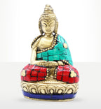 Brass Buddha Figure - Hands Up - 7.5 cm featuring intricate turquoise and red mosaic detailing, seated in meditation with a serene expression, elegant brass craftsmanship.