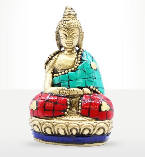 Brass Buddha Figure - Hands Up - 7.5 cm featuring intricate turquoise and red mosaic detailing, seated in meditation with a serene expression, elegant brass craftsmanship.
