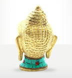 Brass Buddha Figure - Lrg Head - 11.5 cm showing the detailed textured back of the golden statue’s head with turquoise and red bead embellishments on the base.