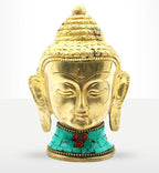 Brass Buddha Figure - Lrg Head - 11.5 cm featuring a serene expression, intricate detailing, and a turquoise inlaid base, perfect for Buddha decor and brass Buddha figures collections.
