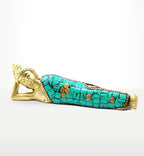 Brass Buddha Figure - Lying Down - 10cm with turquoise mosaic detailing, showcasing a serene reclining Buddha in brass, ideal for peaceful Buddha decor and spiritual spaces.