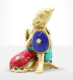 Brass Buddha Figure - Thinking - 6.5 cm with intricate colorful mosaic detailing in red, blue, and turquoise, showcasing a serene meditative pose and delicate craftsmanship.
