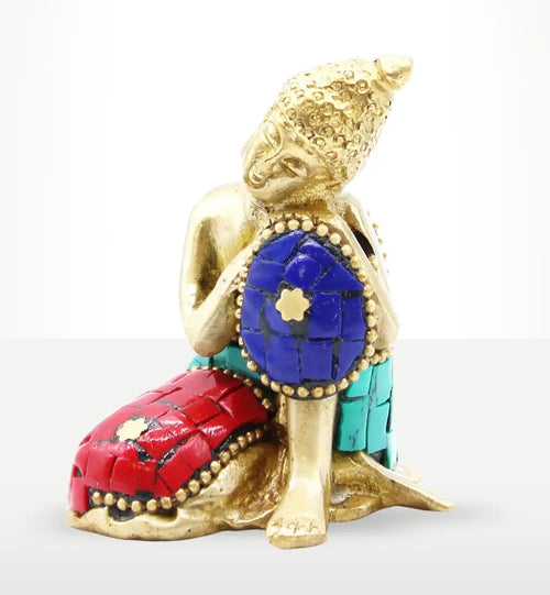 Brass Buddha Figure - Thinking - 6.5 cm with intricate colorful mosaic detailing in red, blue, and turquoise, showcasing a serene meditative pose and delicate craftsmanship.