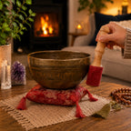 A hand holding a wooden mallet striking a large brass singing bowl resting on a decorative red cushion in a cozy room with a fireplace and crystals nearby, featuring the Brass Golden Tara - Special S'Bowl Set.