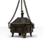Brass Tibetan Burner - Eight Symbols Square Hanging Pot with intricate floral and symbolic designs, suspended by chains, combining traditional craftsmanship and spiritual decor.