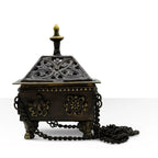 Intricately designed Brass Tibetan Burner - Eight Symbols Square Hanging Pot with decorative chain, ornate carvings, and a removable lid, perfect for traditional incense burning and Buddha decor.